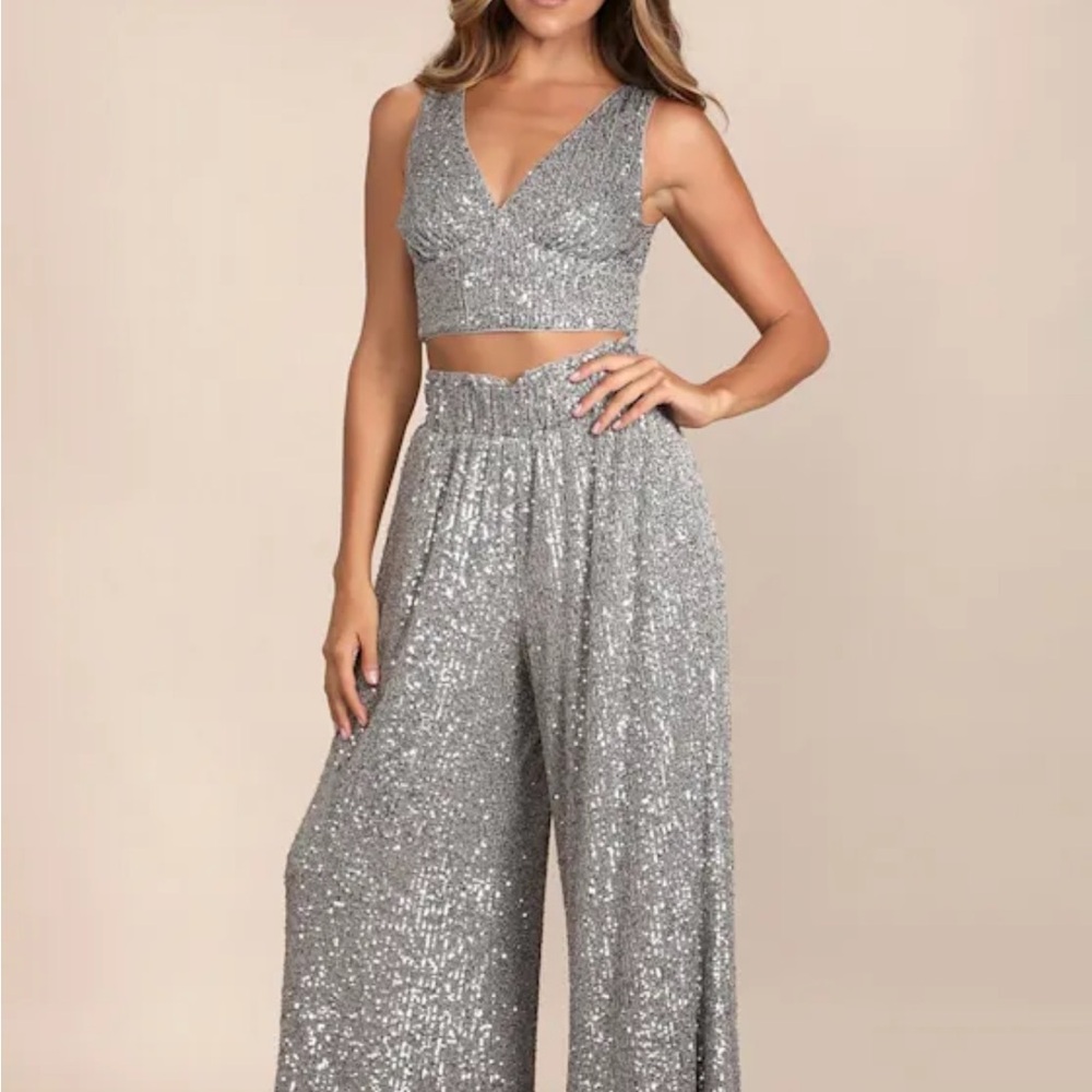 Lulu's Sparkling Silver Wide Leg Pants